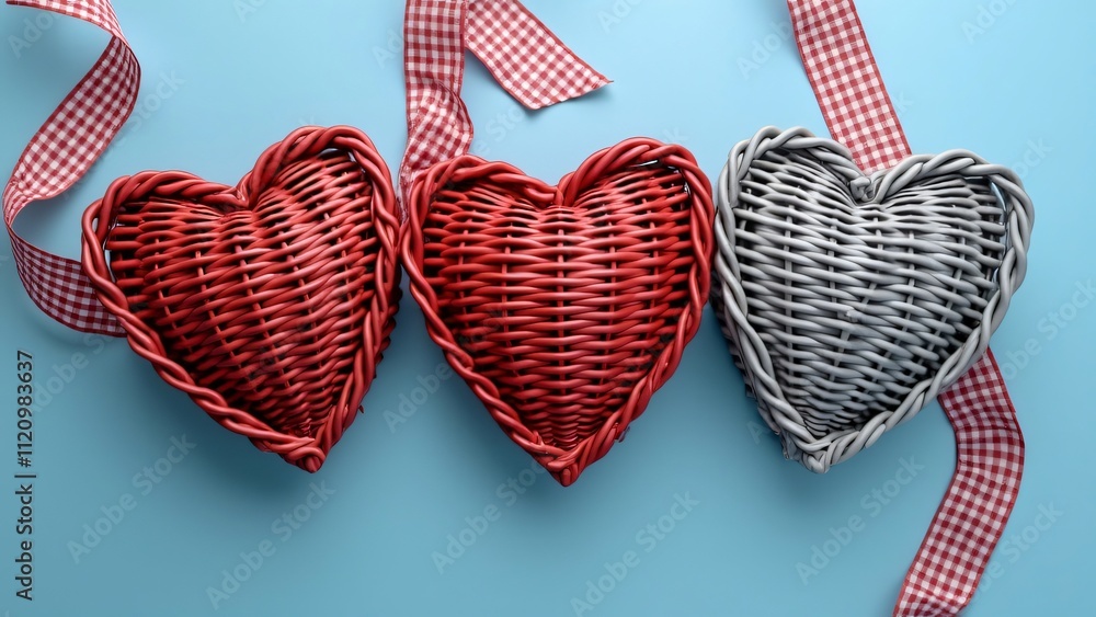 Obraz premium Three Wicker Hearts with Checkered Ribbons, Romantic Valentine's Day Decoration