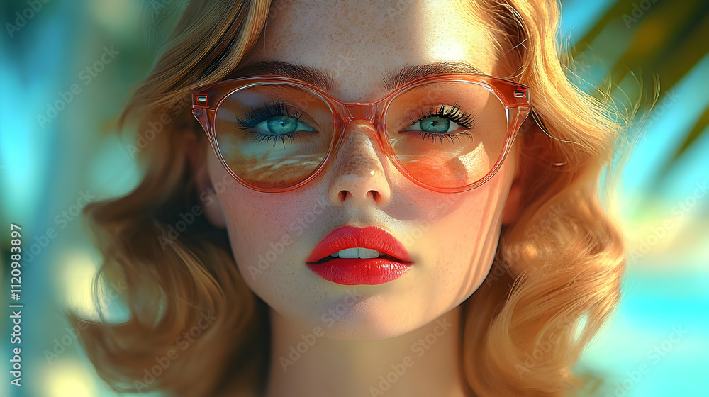 Woman with Red Lips and Glasses Poses Outdoors in Summer Woman with Red Lips and Glasses Poses Outdoors in Summer