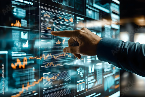 Asset management strategies displayed on a transparent digital board, presented by a businessman in a futuristic office environment for strategic decision-making.