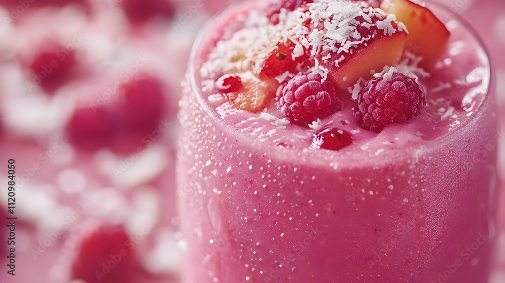 Close-Up of a Pink Smoothie with Coconut Flakes and Raspberries - Food Photography Close-Up of a Pink Smoothie with Coconut Flakes and Raspberries - Food Photography