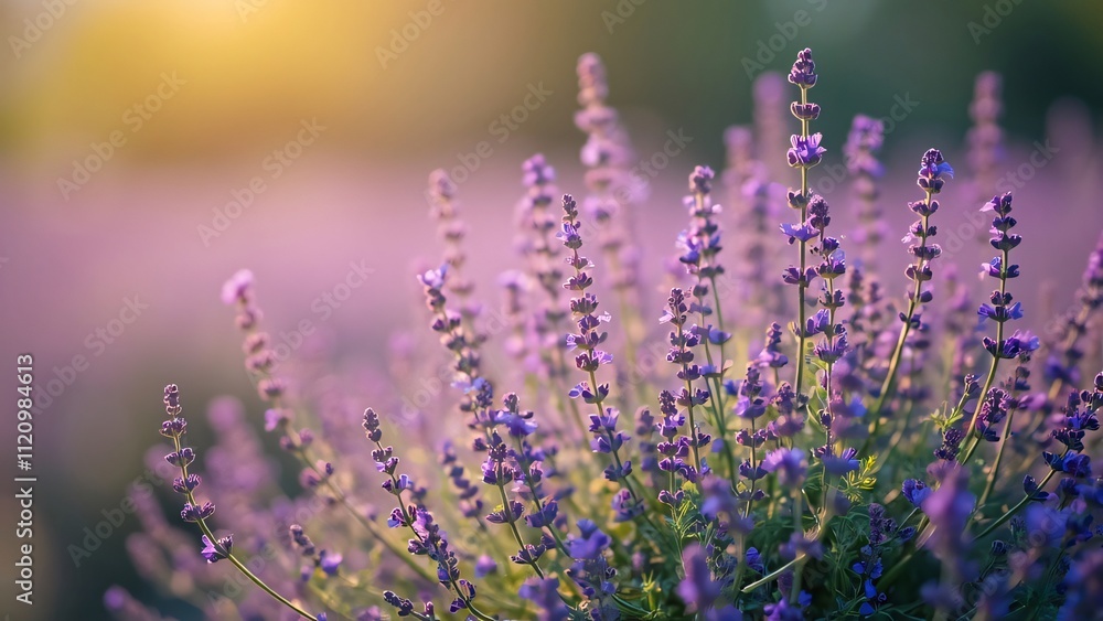 Naklejka premium Vibrant Purple Lavender Field at Sunset, Close-up Photorealistic Landscape with Depth of Field and Blurred Background