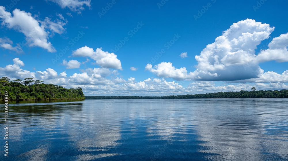 Beautiful river landscape under a cloudy sky in the Amazon rainforest region Beautiful river landscape under a cloudy sky in the Amazon rainforest region