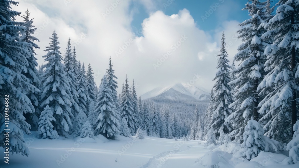 Serene Alpine Winter Wonderland, Snow-Covered Forest with Fluffy Clouds and Majestic Mountains Serene Alpine Winter Wonderland, Snow-Covered Forest with Fluffy Clouds and Majestic Mountains