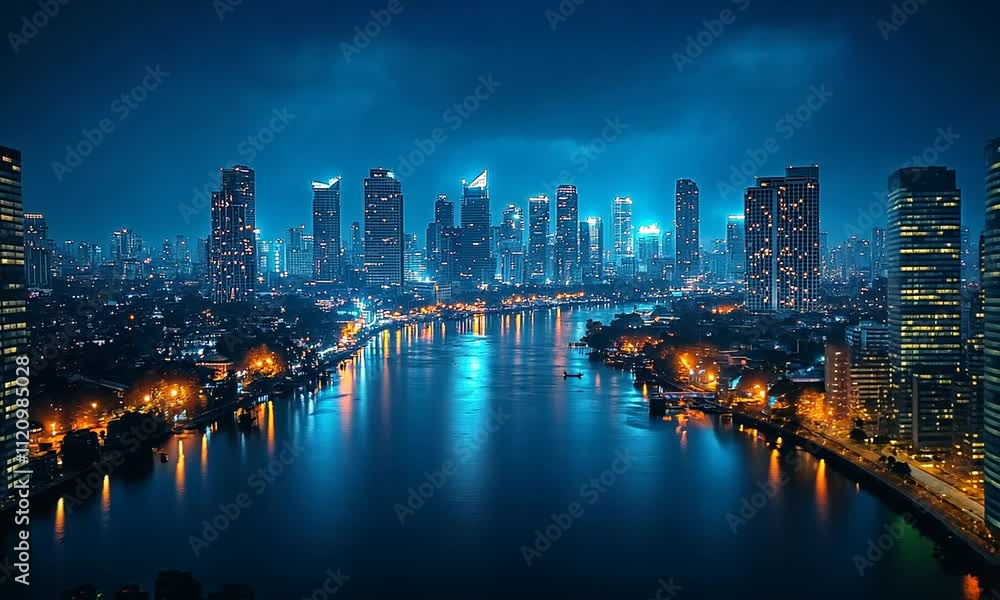 Nighttime cityscape with illuminated buildings and river reflections. Nighttime cityscape with illuminated buildings and river reflections.