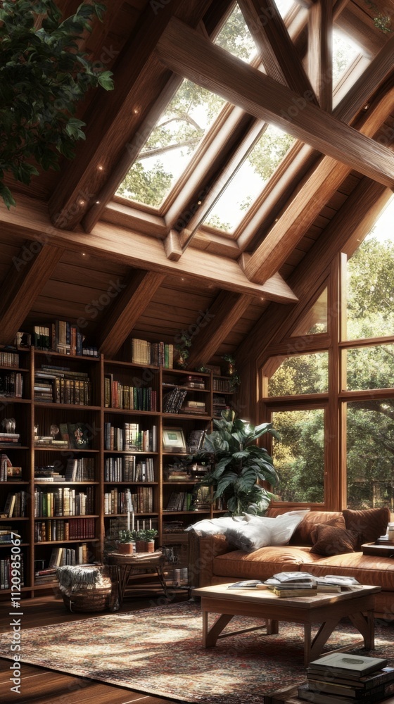 Fototapeta premium Rustic Wooden Library Living Room Design