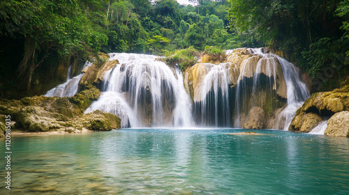 Majestic water cascading over rocks in a lush tropical landscape