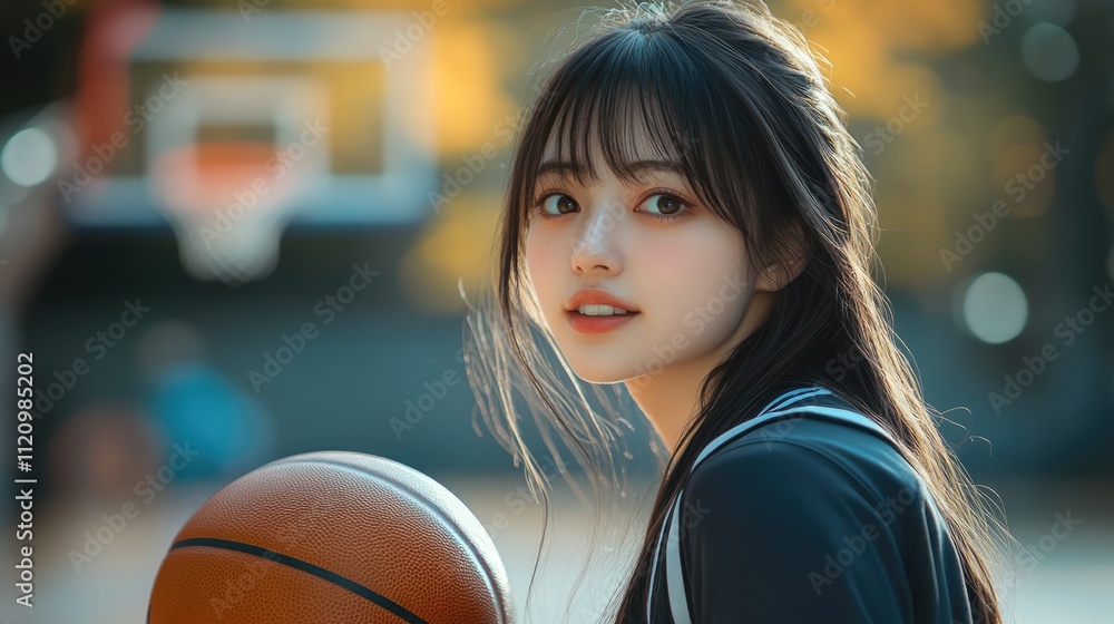 Young Japanese woman with a dark long hair wearing a basketball uniform pose holding basketball in basketball court Young Japanese woman with a dark long hair wearing a basketball uniform pose holding basketball in basketball court
