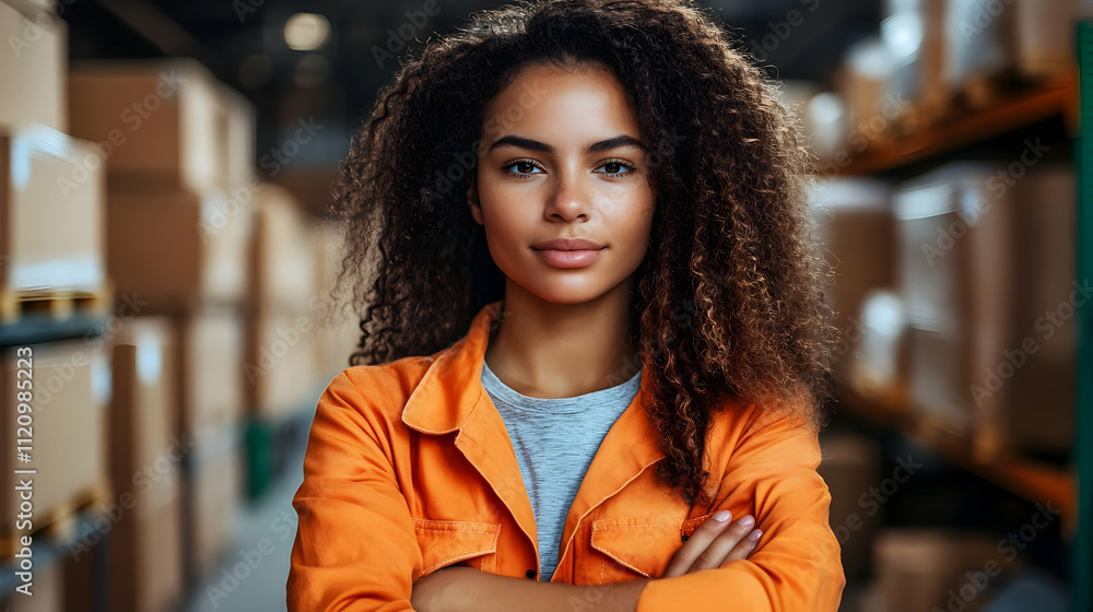 Warehouse Worker Confidently Poses, Arms Crossed, Orange Uniform, Industry Setting. Warehouse Worker Confidently Poses, Arms Crossed, Orange Uniform, Industry Setting.