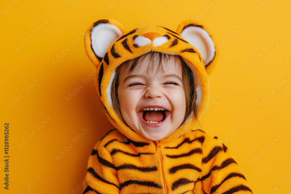 child dressed in an adorable tiger costume for Halloween, playfully laughing and roaring. strikes a fun pose, embodying a playful monster spirit, set against a vibrant orange background banner child dressed in an adorable tiger costume for Halloween, playfully laughing and roaring. strikes a fun pose, embodying a playful monster spirit, set against a vibrant orange background banner