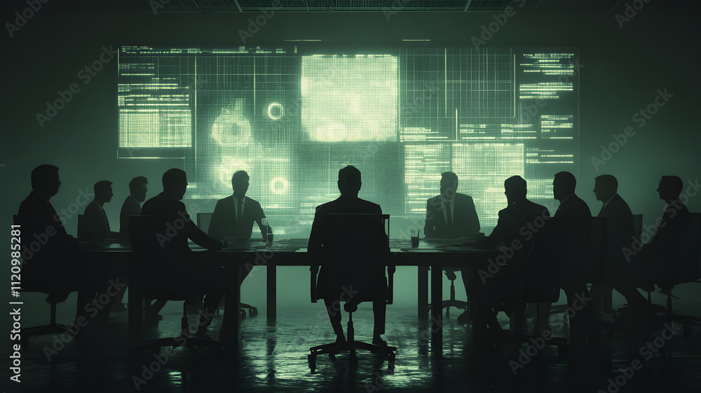 Silhouetted figures sit around a large table in a darkened room, facing a wall of glowing green screens displaying data and code. The scene evokes a sense of secrecy and high-stakes decision-making. Silhouetted figures sit around a large table in a darkened room, facing a wall of glowing green screens displaying data and code. The scene evokes a sense of secrecy and high-stakes decision-making.