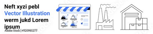 E-commerce storefront interface showcasing online shopping. Also features a factory and a warehouse with stacked boxes. Ideal for retail, supply chain, logistics, e-commerce, manufacturing