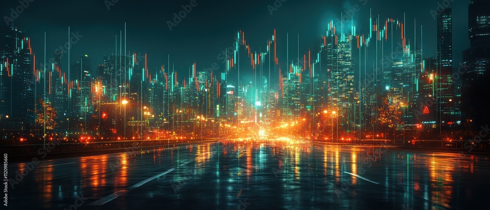 Fototapeta premium Futuristic cityscape with neon lights and reflections 