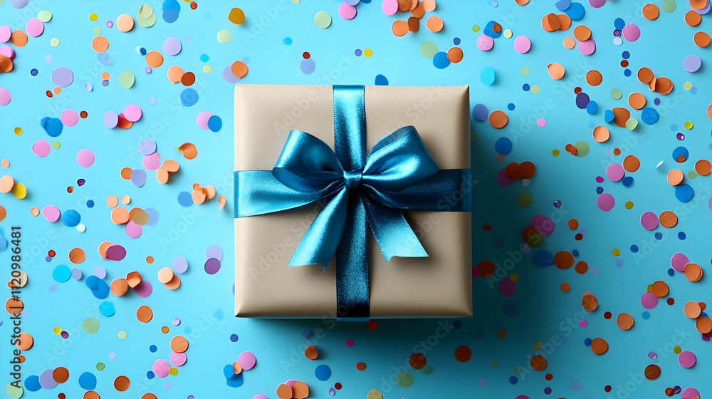 Gift Wrapped Present with Blue Ribbon and Colorful Confetti Gift Wrapped Present with Blue Ribbon and Colorful Confetti