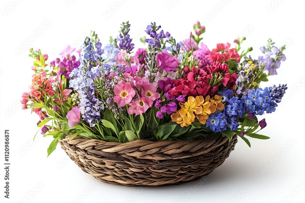 High-quality, colorful spring flowers in a woven basket, isolated on a white backdrop. Generative Ai High-quality, colorful spring flowers in a woven basket, isolated on a white backdrop. Generative Ai