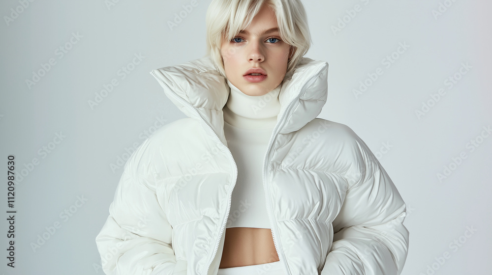 A Young Woman with Short Blonde Hair Wearing A White Puffer Jacket, Cropped Shirt and Jogger Posing Against A White Background. Winter Fashion Outfit, Winter Style. Fashion Portrait Photography. A Young Woman with Short Blonde Hair Wearing A White Puffer Jacket, Cropped Shirt and Jogger Posing Against A White Background. Winter Fashion Outfit, Winter Style. Fashion Portrait Photography.