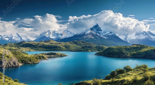 Serene mountain landscape with a tranquil lake and dramatic clouds.