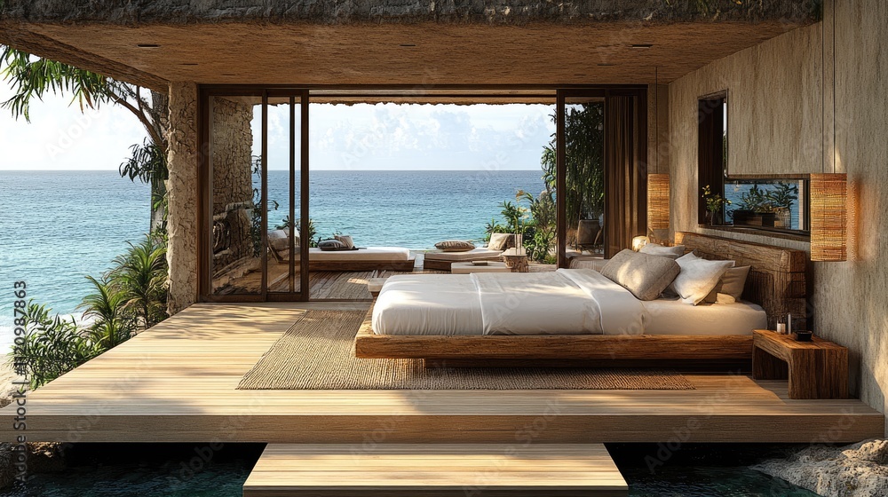 Fototapeta premium Modern bedroom with ocean view. Perfect for interior design, travel, and vacation themes.