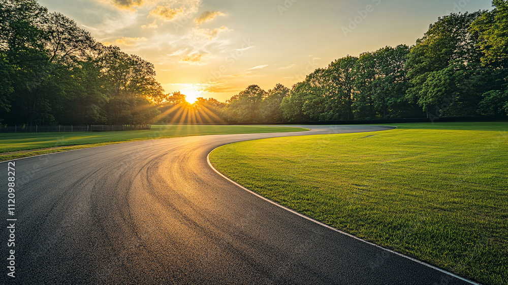 Sunset over a winding road in a green park setting Sunset over a winding road in a green park setting