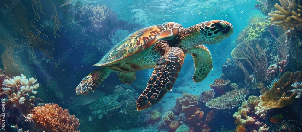 Fototapeta premium Sea Turtle Swimming in a Coral Reef