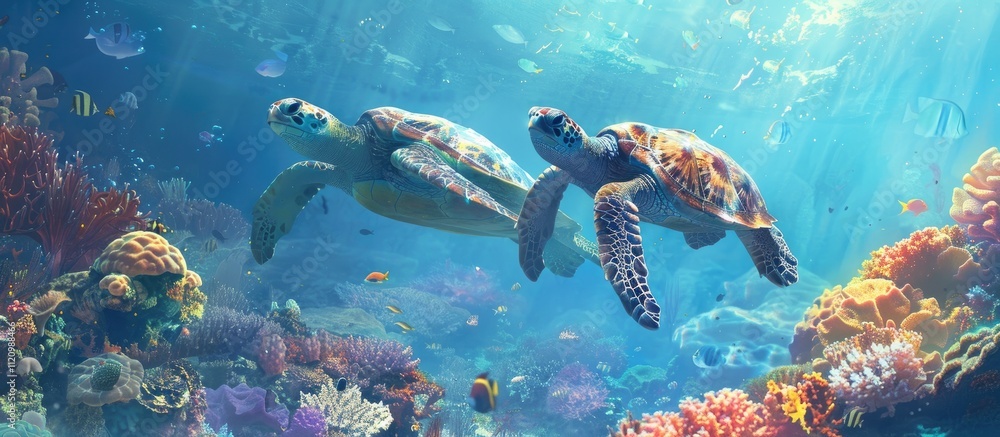 Sea Turtles Swimming Through a Vibrant Coral Reef Sea Turtles Swimming Through a Vibrant Coral Reef