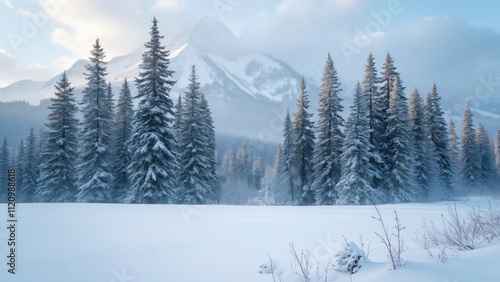 Ethereal Winter Landscape, Snow-Covered Pine Trees, Mountains, and Pristine Powder