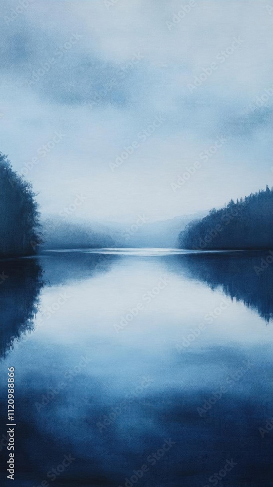 Fototapeta premium A serene blue landscape reflecting calm waters and misty hills.