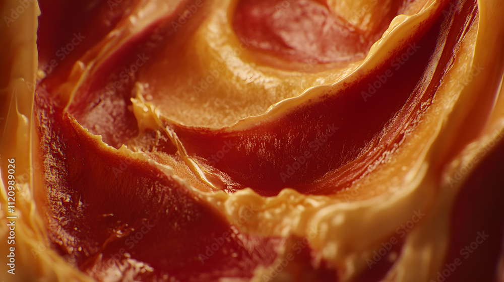 Close-up of peanut butter swirls, showcasing its rich texture and creamy consistency.  The warm tones and smooth surface highlight its delicious appeal.