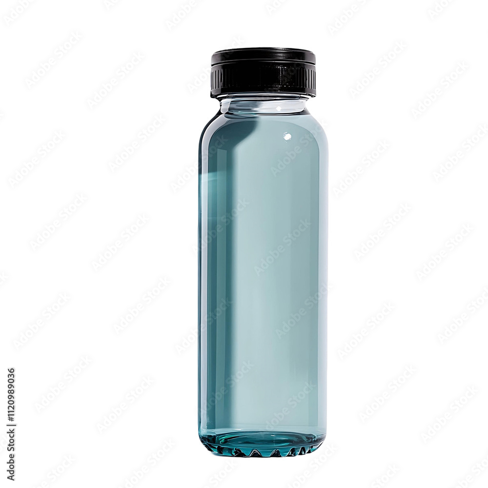 A Clear Glass Water Bottle with a Black Lid, Refreshing Hydration in a Sleek Design A Clear Glass Water Bottle with a Black Lid, Refreshing Hydration in a Sleek Design