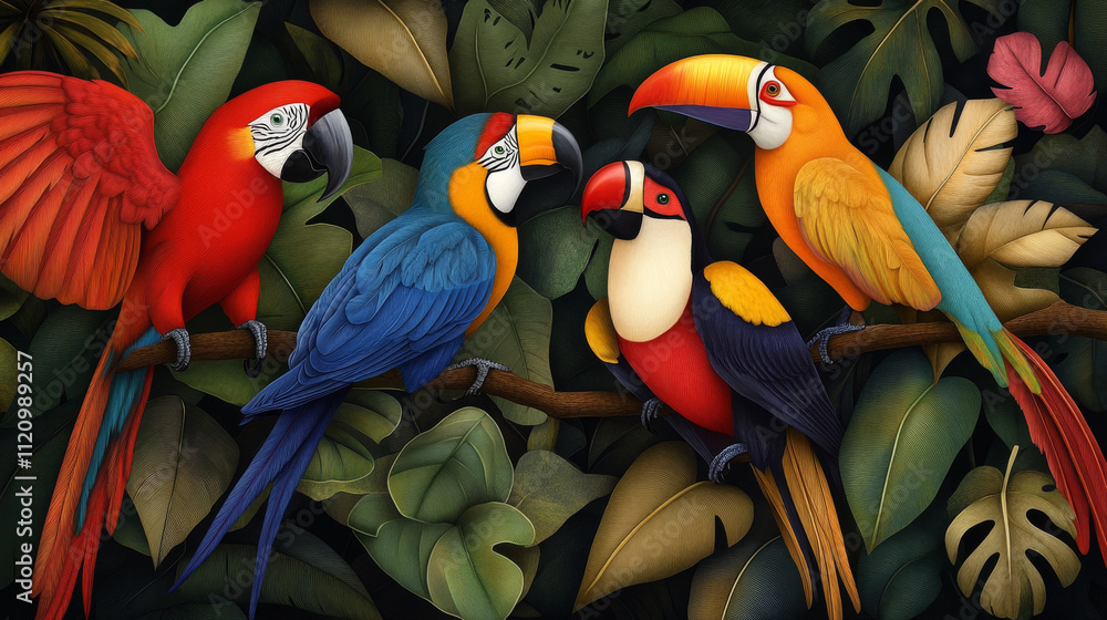 Fototapeta premium A tropical scene with vibrant birds of the tropics, including parrots and toucans, perched among the dense foliage of the rainforest.