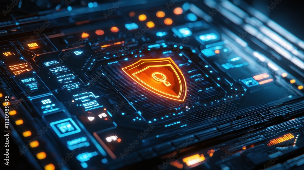 Naklejka premium A futuristic interface featuring a shield symbol, representing cybersecurity and protection.