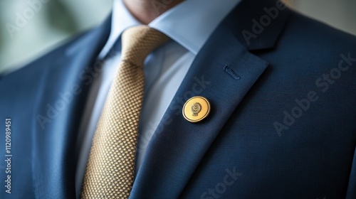 Close-up of a navy suit jacket with a gold tie and lapel pin. Illustrates professionalism, success, and corporate identity.