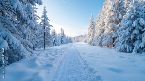 Serene Winter Wonderland, Snow-Covered Pine Trees, Path Through Snowy Landscape, Clear Blue Sky - Wide Angle Photography