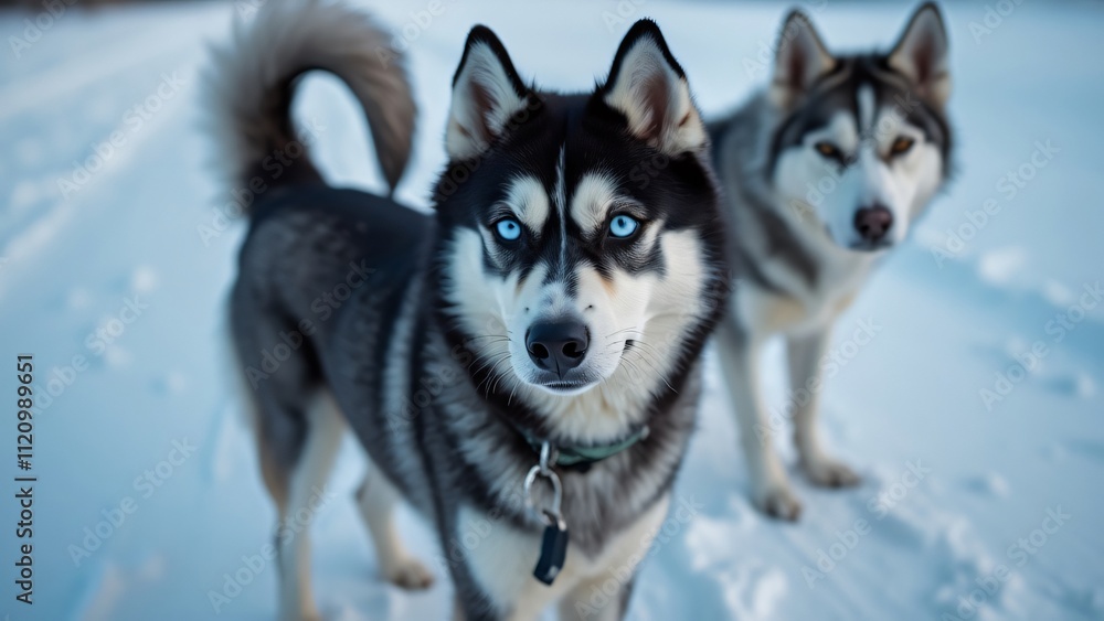 Obraz premium Stunning Close-Up of Two Blue-Eyed Huskies in Winter Wonderland, Black and Gray Husky in Foreground, Another in Background on Snowy Landscape. High-Resolution Image.