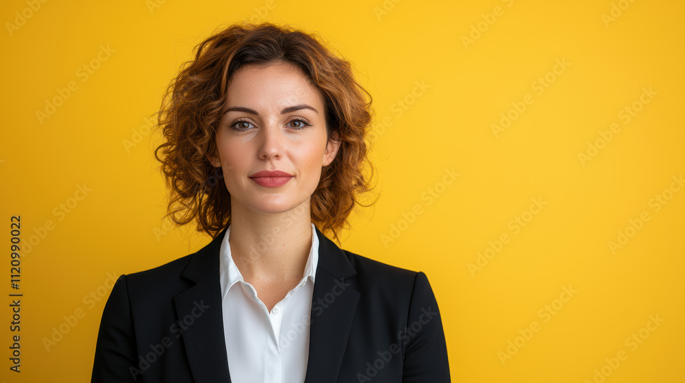 leader Woman inspiration Concept. Professional woman with curly hair against yellow background leader Woman inspiration Concept. Professional woman with curly hair against yellow background