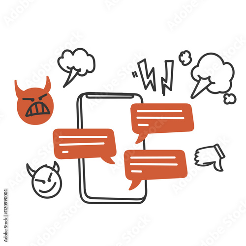 angry and bullying message on phone  in doodle cartoon icon