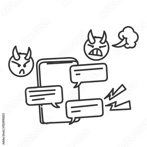 angry and bullying message on phone  in doodle cartoon icon