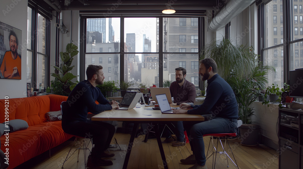 Three men collaborate on laptops around a table in a modern, plant-filled office with large windows offering a city view. The atmosphere is professional and focused. Three men collaborate on laptops around a table in a modern, plant-filled office with large windows offering a city view. The atmosphere is professional and focused.