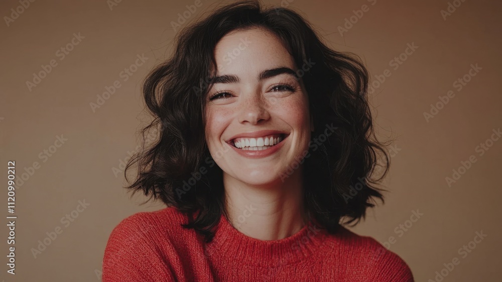 Fototapeta premium Studio portrait of a confident young woman with crossed arms, smiling expression, and hair tied up in a bun