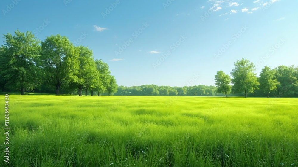 Fototapeta premium Serene Summer Meadow, Lush Green Grass, Blue Sky, and Distant Trees Photorealistic Landscape