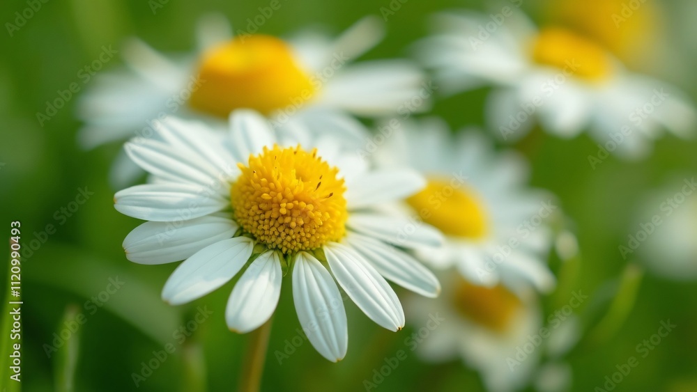 Fototapeta premium Macro Close-up of White and Yellow Chamomile Flowers in a Garden, Stunning Detail and Shallow Depth of Field