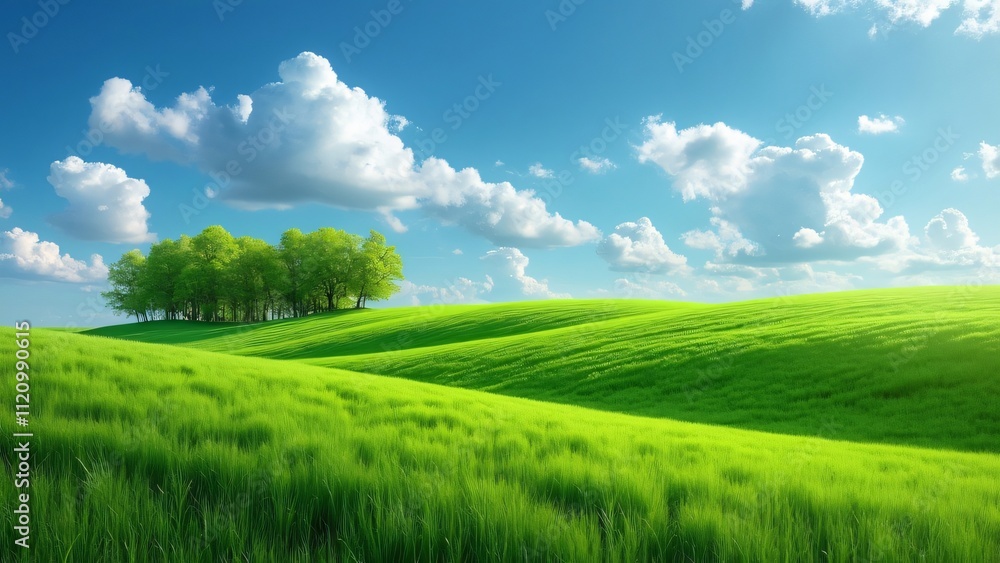 Fototapeta premium Panoramic View of Endless Green Grassy Hills, Lush Meadow, Blue Sky with Fluffy Clouds and Distant Green Trees
