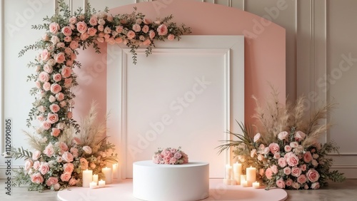 Elegant Pastel Pink Wedding Backdrop, Floral Arch, Round Table, Photo Booth Frame