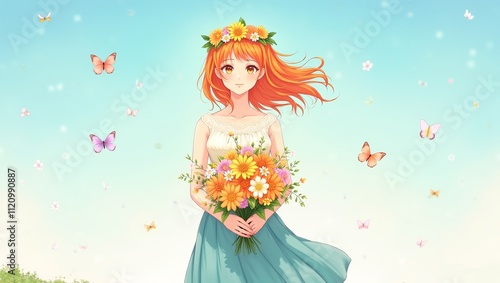 anime illustration of a woman with vibrant orange hair, wearing a floral crown and a white dress with a blue skirt. She holds a bouquet of diverse flowers