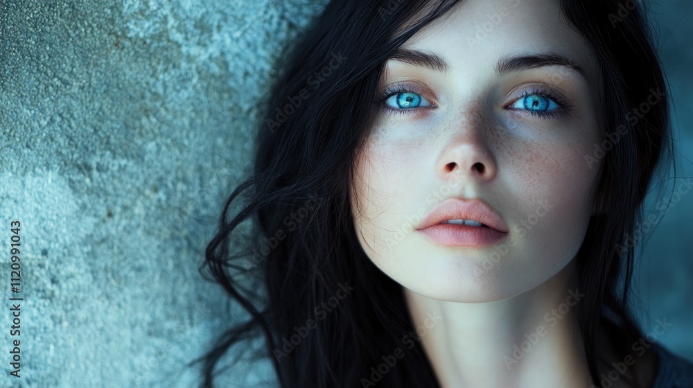 A woman with striking blue eyes and flowing dark hair, looking confidently into the camera, natural light, A woman with striking blue eyes and flowing dark hair, looking confidently into the camera, natural light,