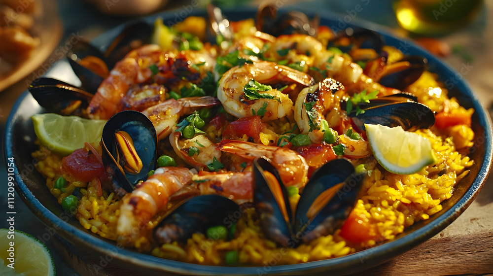 Seafood Paella Dish with Shrimp, Mussels, and Rice - Food Photography Seafood Paella Dish with Shrimp, Mussels, and Rice - Food Photography