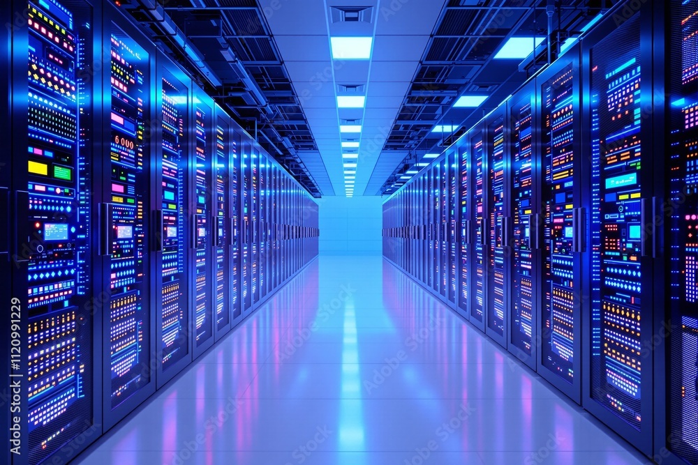 Modern Data Center with Rows of Server Racks Illuminated by Blue Lights Modern Data Center with Rows of Server Racks Illuminated by Blue Lights