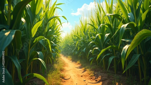 Scenic Midwest Corn Maze, Lush Green Corn Stalks, Dirt Path, Sunny Day