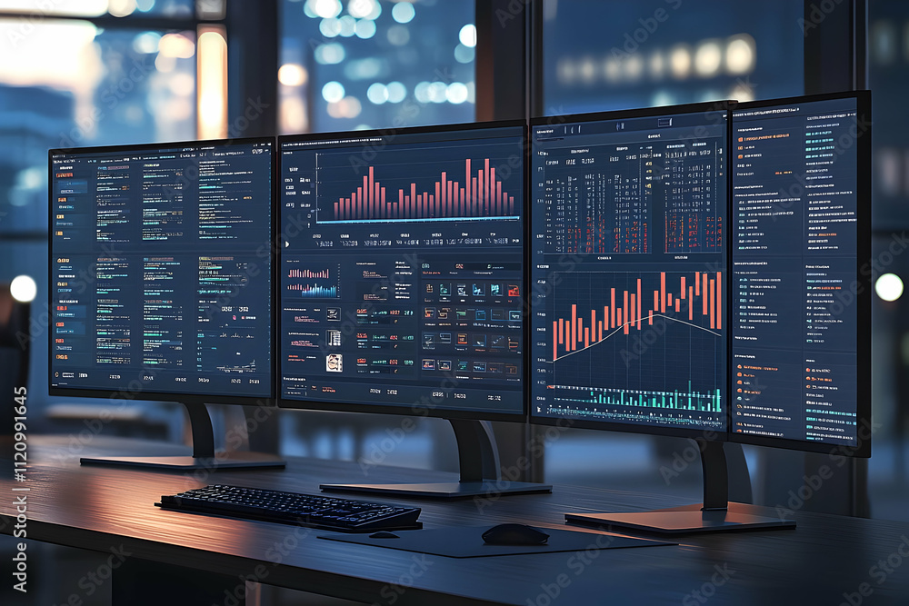 A network of monitors displaying real-time database statistics and analytics, offering a detailed overview of the business data. A network of monitors displaying real-time database statistics and analytics, offering a detailed overview of the business data.