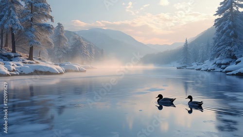 Serene Winter Landscape, Scottish Highlands Frozen Lake with Ducks, Snow-Covered Trees and Mountains