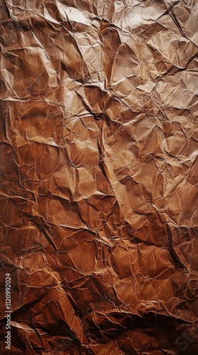 A warm brown crumpled paper with rich texture and visible folds, offering an organic look suitable for backgrounds or artistic applications. AI generated. photo